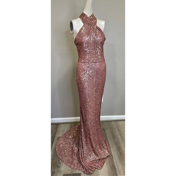 NWT Naeem Khan Crisscross Halter Open Back Bodycon Sequin Evening Gown Pink Sz 8 - Picture 9 of 11